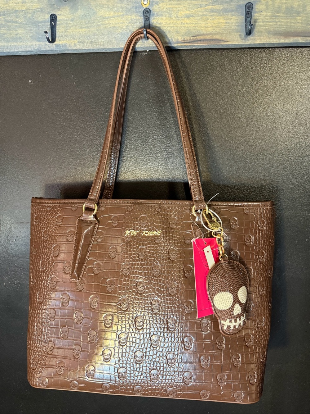 NWT Betsey Johnson Brown Skull-Embossed Tote with Charm